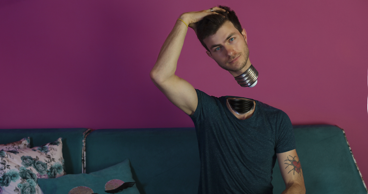 cheap voice overs: man in black t-shirt whose head screws in like a lightbulb