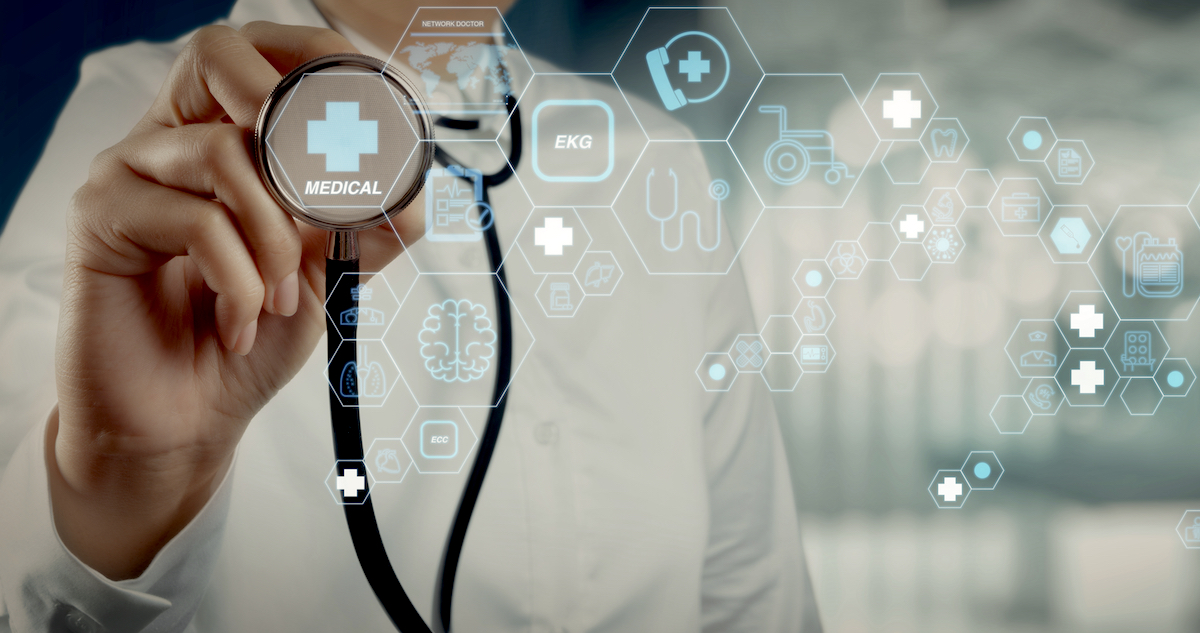 Medical narration: composite image of a doctor holding a stethoscope