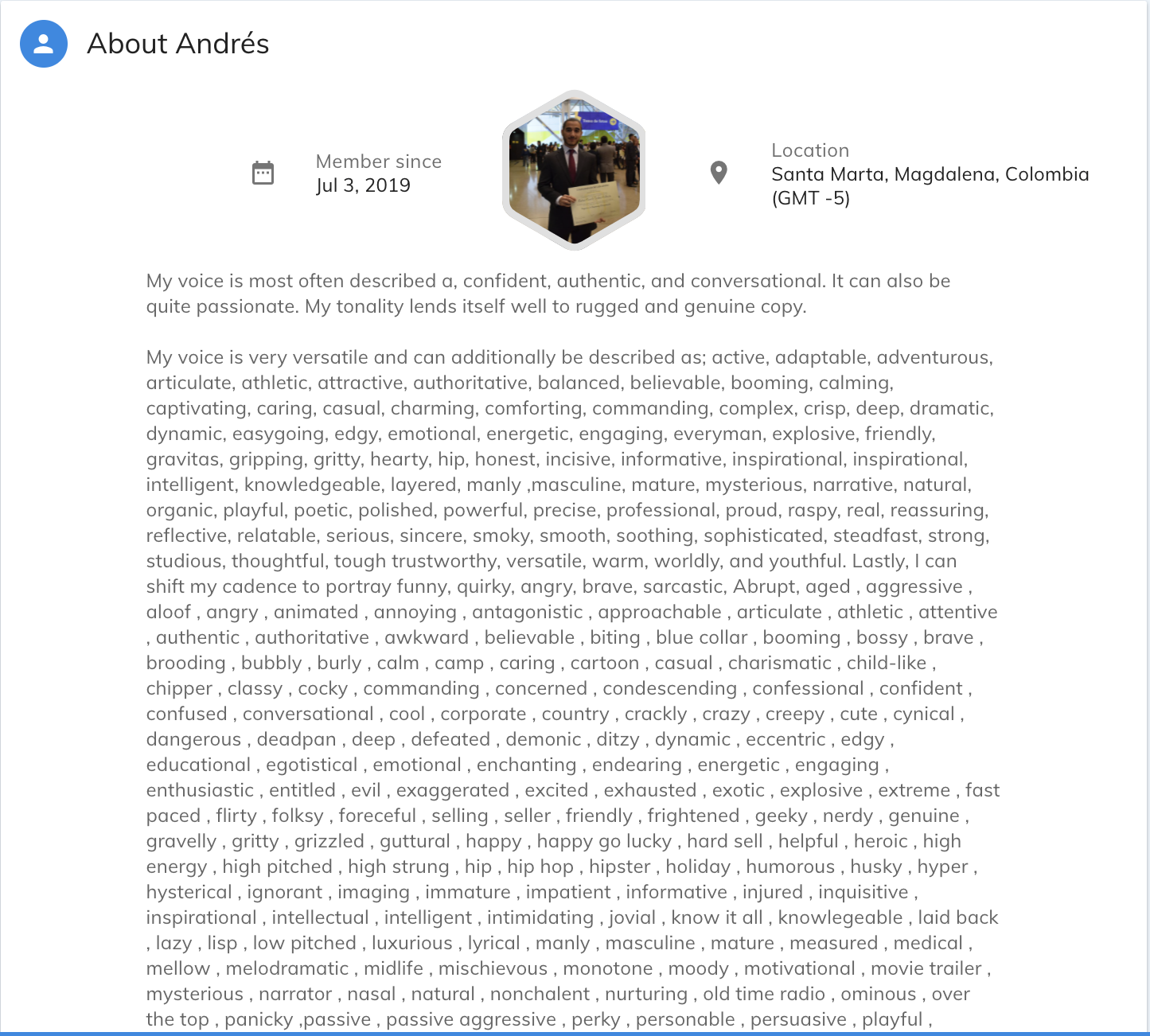 A bad voice123 profile example as part of how to optimize your voice123 profile for success